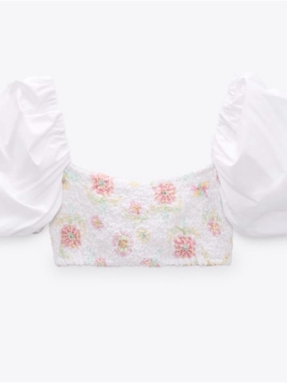 Zara White Smocked Cropped Tank with Pastel Floral Embroidery - Picture 2 of 5